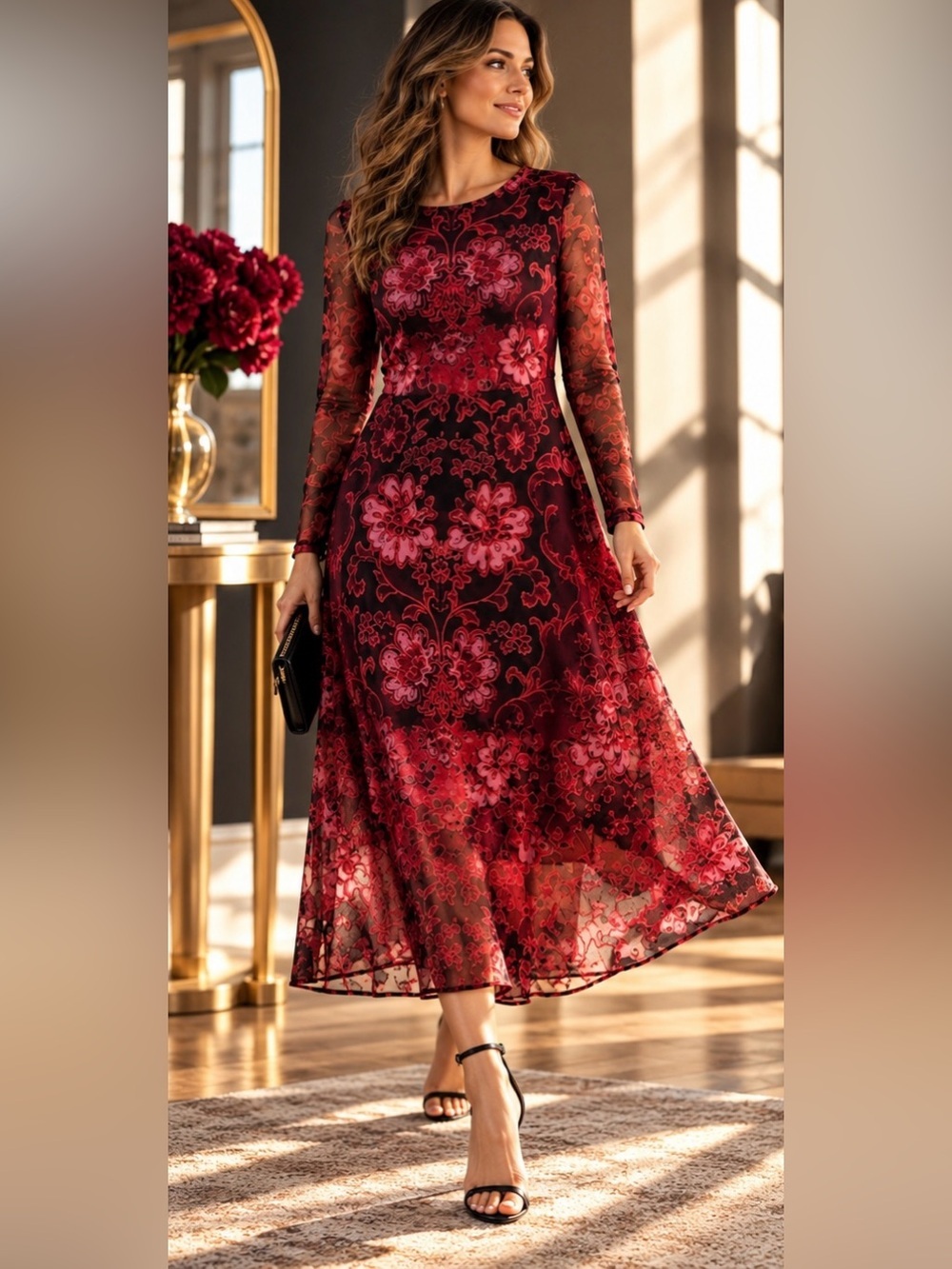Jade by Johnny Was Tulus Mesh Midi Dress XS Scilla Floral Sheer Overlay